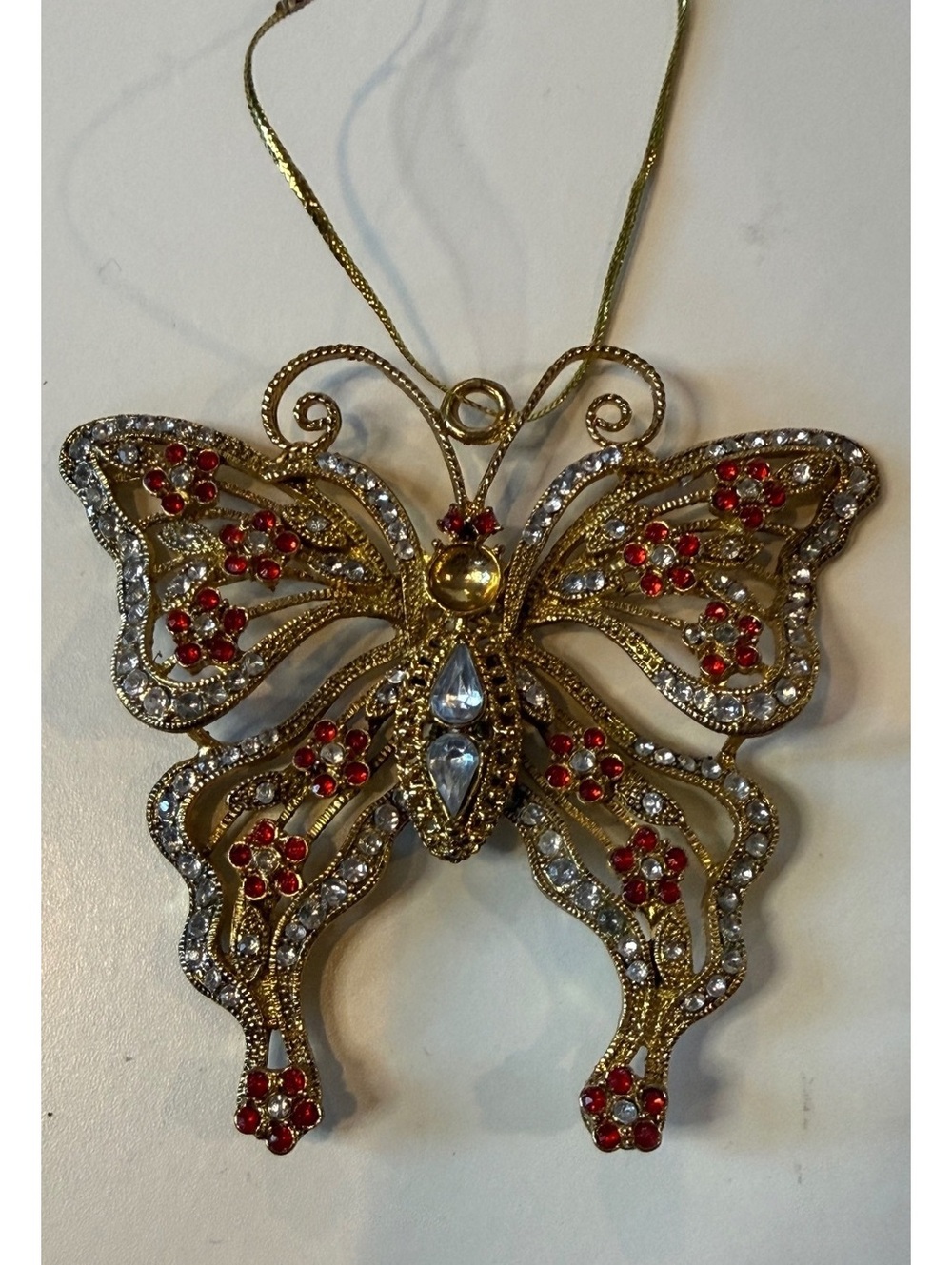 Gold Tone Rhinestone Butterfly Christmas Ornament Red & Clear Crystals
